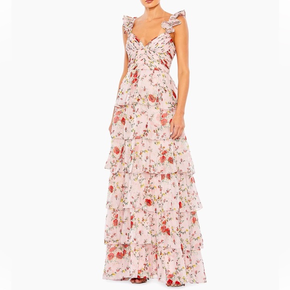 Ieena for Mac Duggal Pink Floral Chiffon Ruffled Tiered Gown Size 14 NWT - Picture 1 of 17
